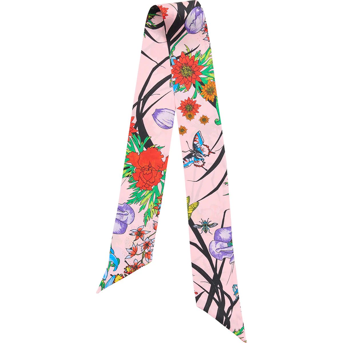 Living Garden Twilly narrow scarf. 100% silk. Pink, green, red. Bella Ballou