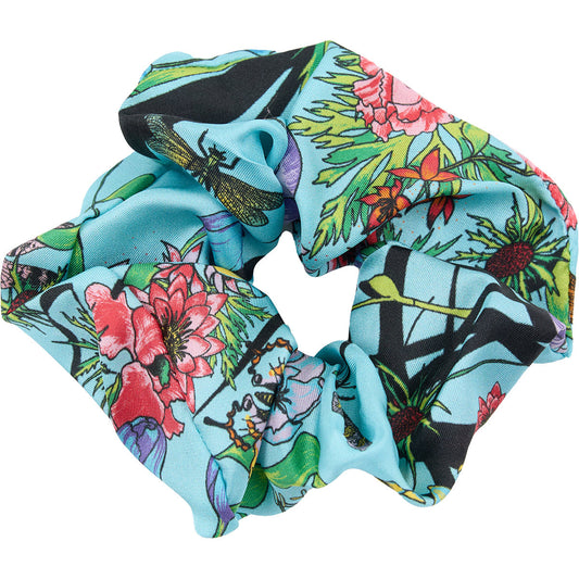 Living Garden Hair Scrunchie. 100% silk. Turquoise, pink, black. Bella Ballou