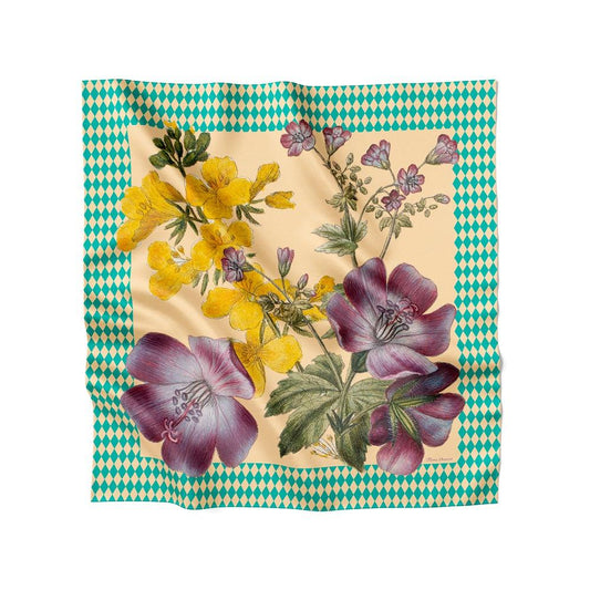 Harlequin Flower silketørklæde til hende. 100% silke. Turkis grøn, gul. Flora Danica Denmark