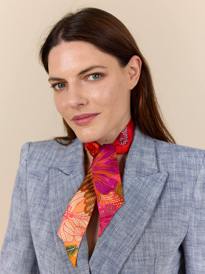 Bouquet Twilly narrow scarf. 100% silk. Pink, orange. Bella Ballou