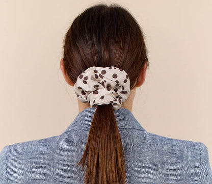 Dots Hair Scrunchie. 100% silk. Cream, brown. Bella Ballou