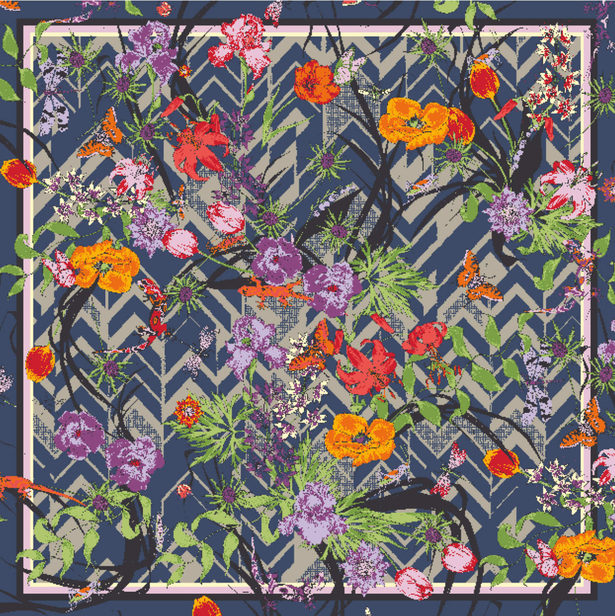 Living Garden Zickzack-Schal. 100 % Seide. Blau, Sand, Grün, Rot, Orange. Bella Ballou