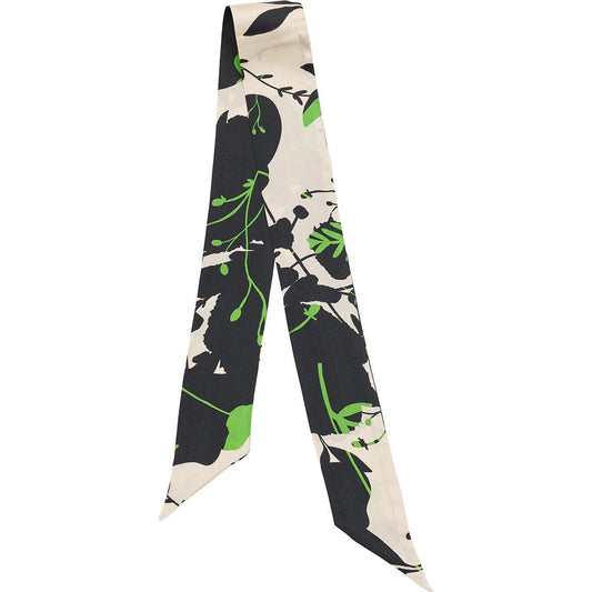 Monochrome Twilly narrow scarf. 100% silk. Cream, black, green. Bella Ballou