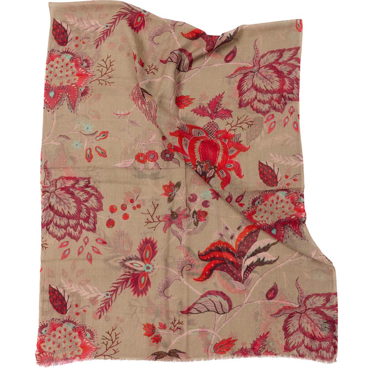 Vintage-Schal mit Blumenmuster für Damen. Wolle und Seide. Beige und Rot. Bella Ballou