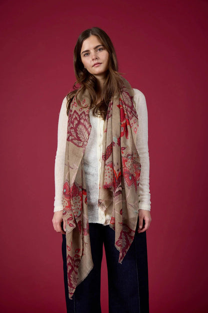 Vintage-Schal mit Blumenmuster für Damen. Wolle und Seide. Beige und Rot. Bella Ballou