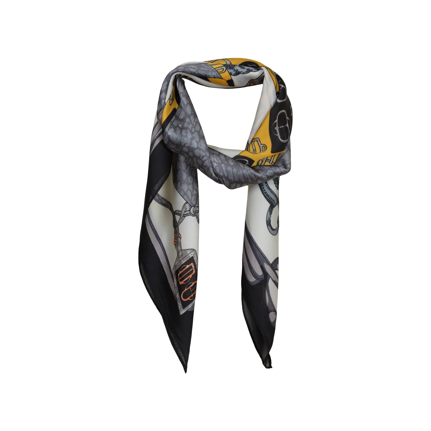 lille mønstret tørklæde. Sort, guld og grå