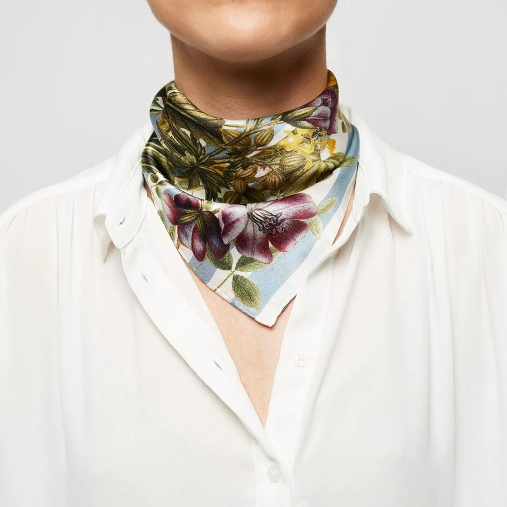 Striped Flower Meadon silk scarf. 100% silk. Blue, white and yellow. Flora Danica Denmark